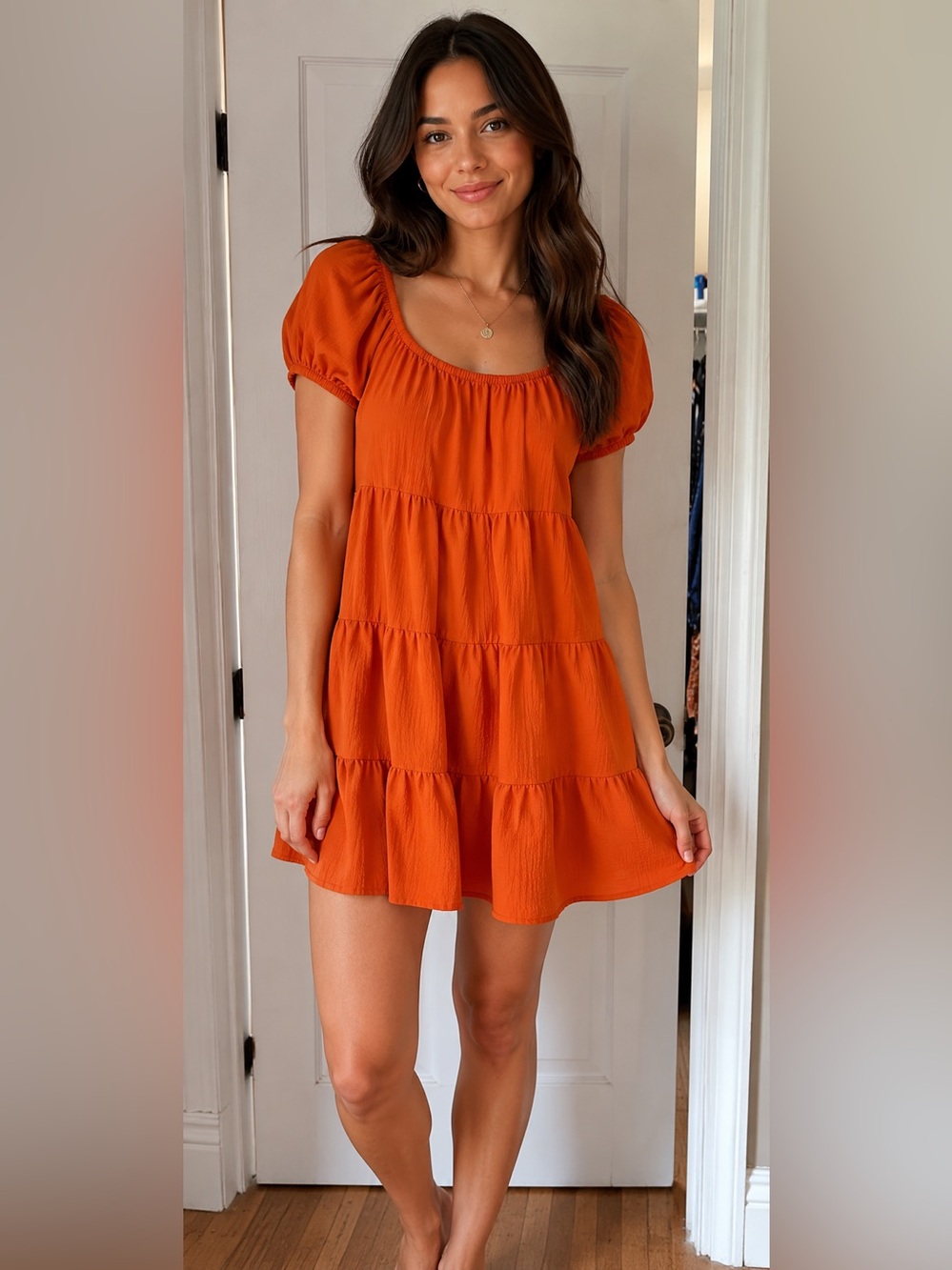 Riley & Rae Orange Tiered Dress with Puff Sleeves